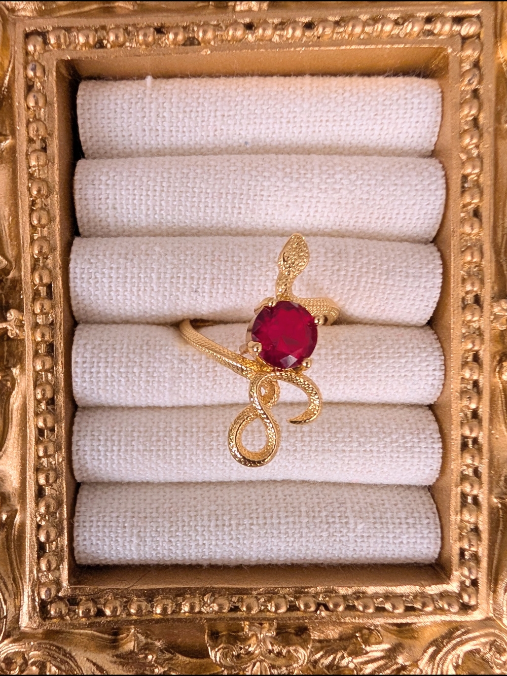 Gold Snake Ring with Red Gem